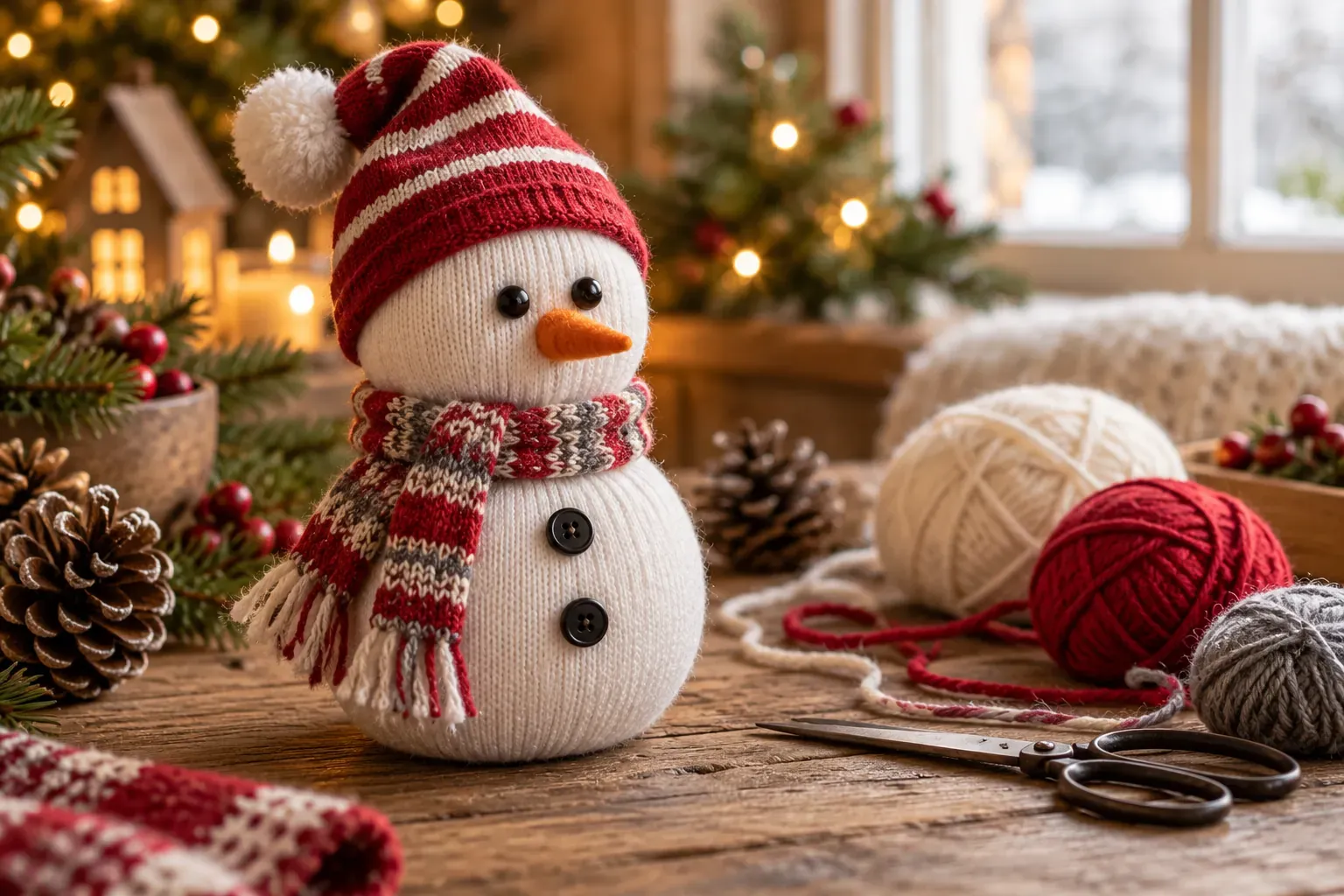 Bonhomme de neige en chaussette blanche, bonnet rayé et écharpe, sur une table en bois