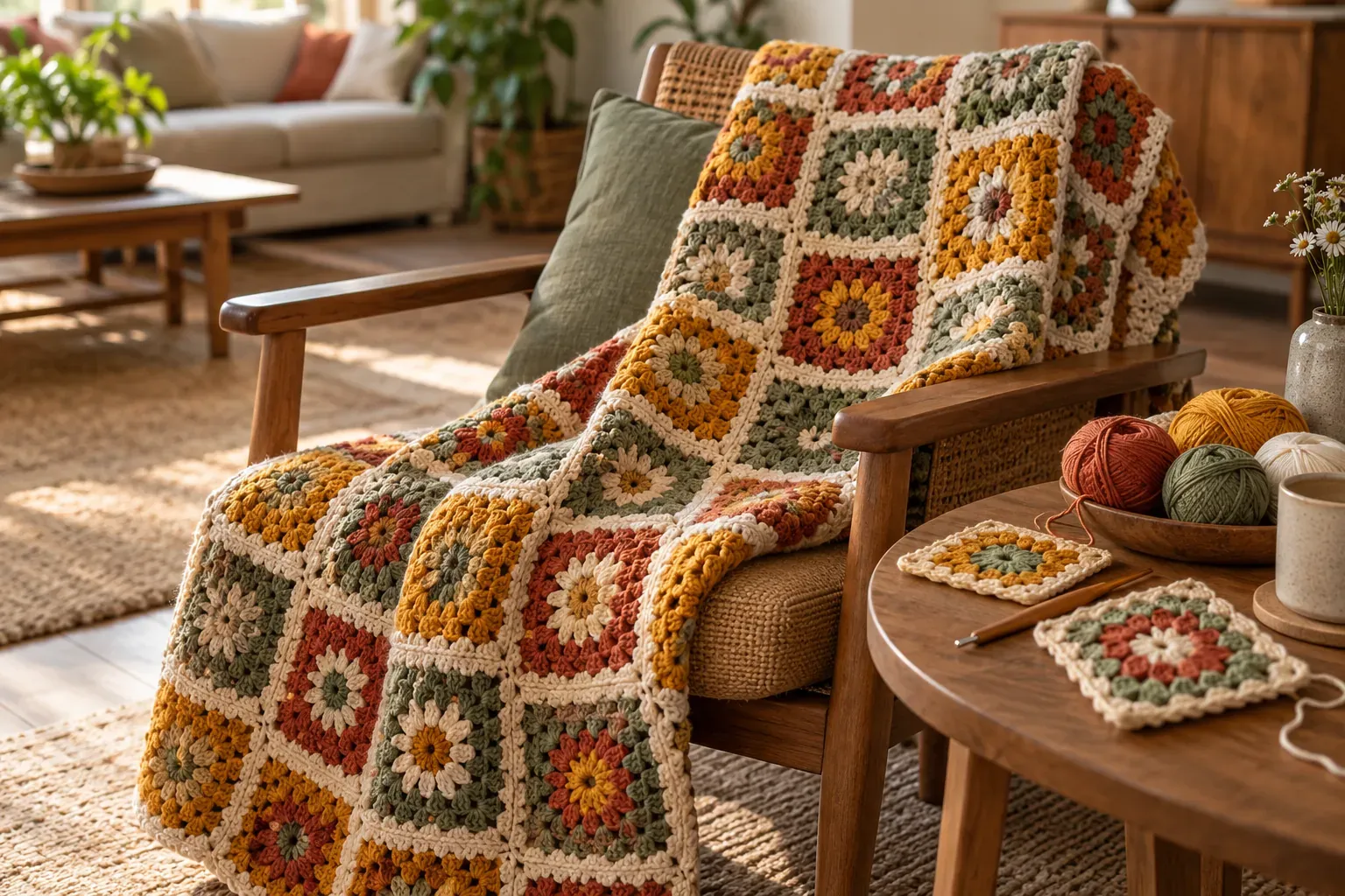 Couverture en granny squares colorés posée sur un fauteuil, avec pelotes de laine et crochet