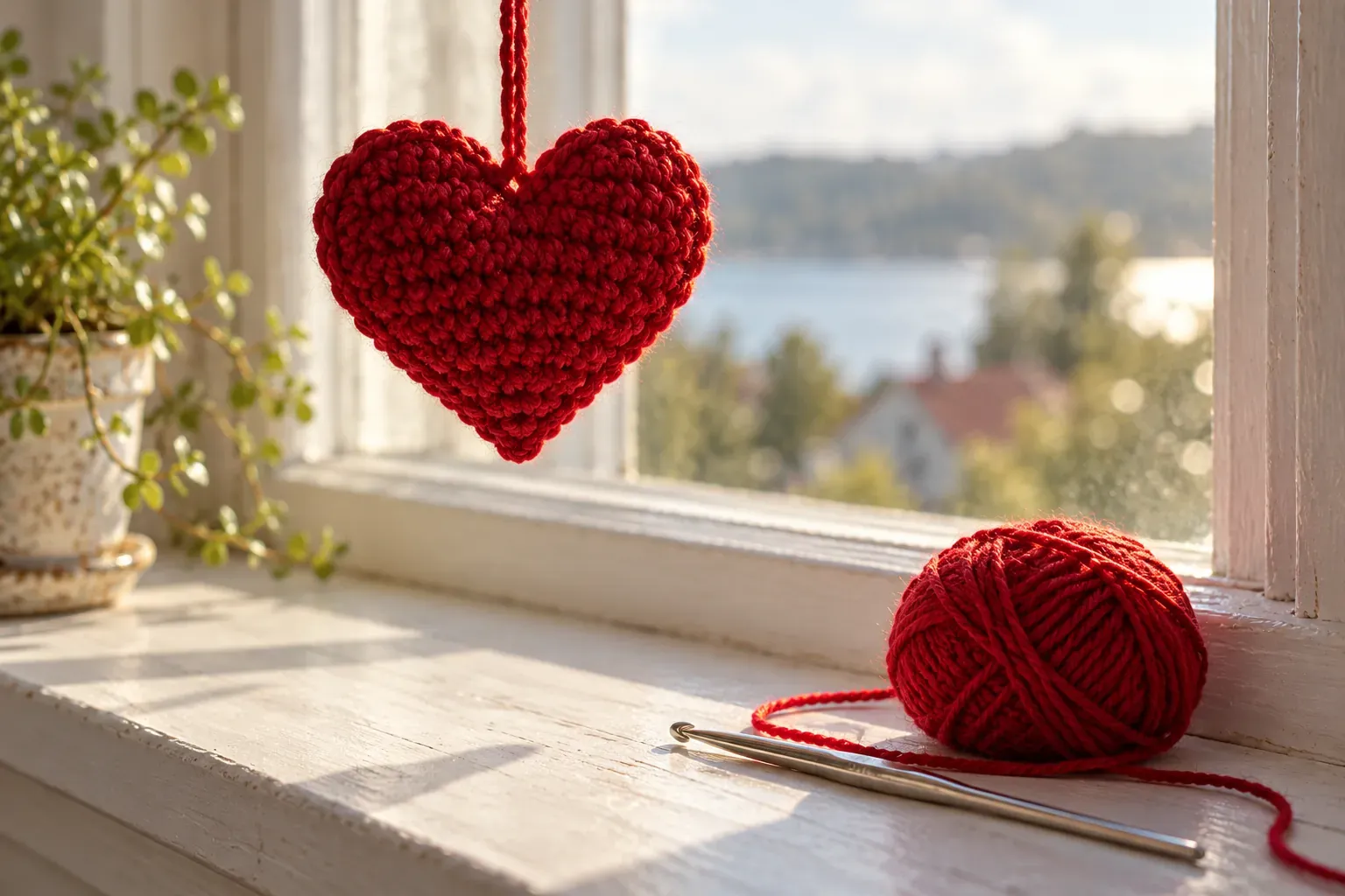 Cœur au crochet rouge suspendu à une fenêtre, avec pelote et crochet sur le rebord