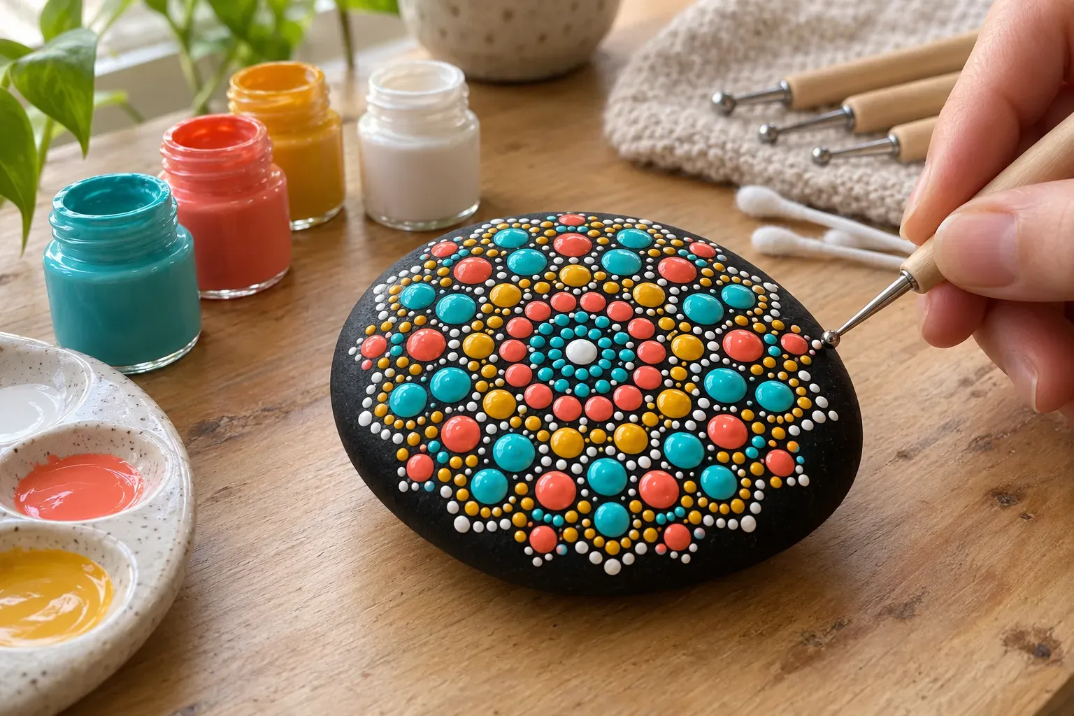 Galet peint d'un mandala à points colorés, outils de dotting et flacons de peinture