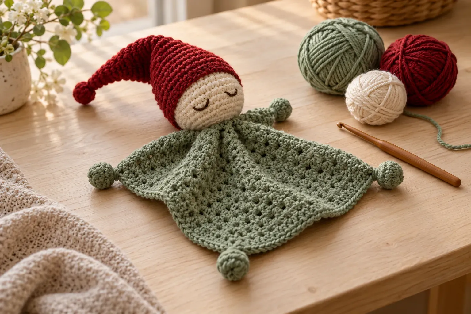Doudou plat lutin au crochet avec bonnet pointu, pelotes de coton sur table en bois