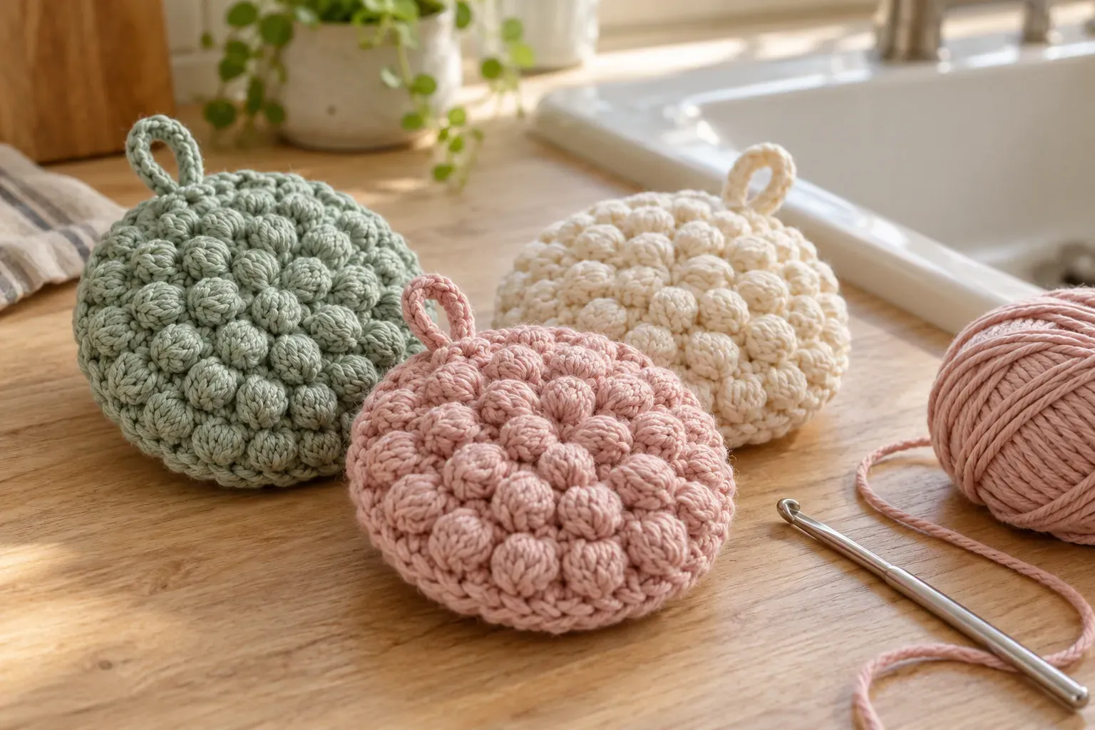 Trois éponges tawashi crochetées en coton à point bulle, pelote et crochet sur bois clair