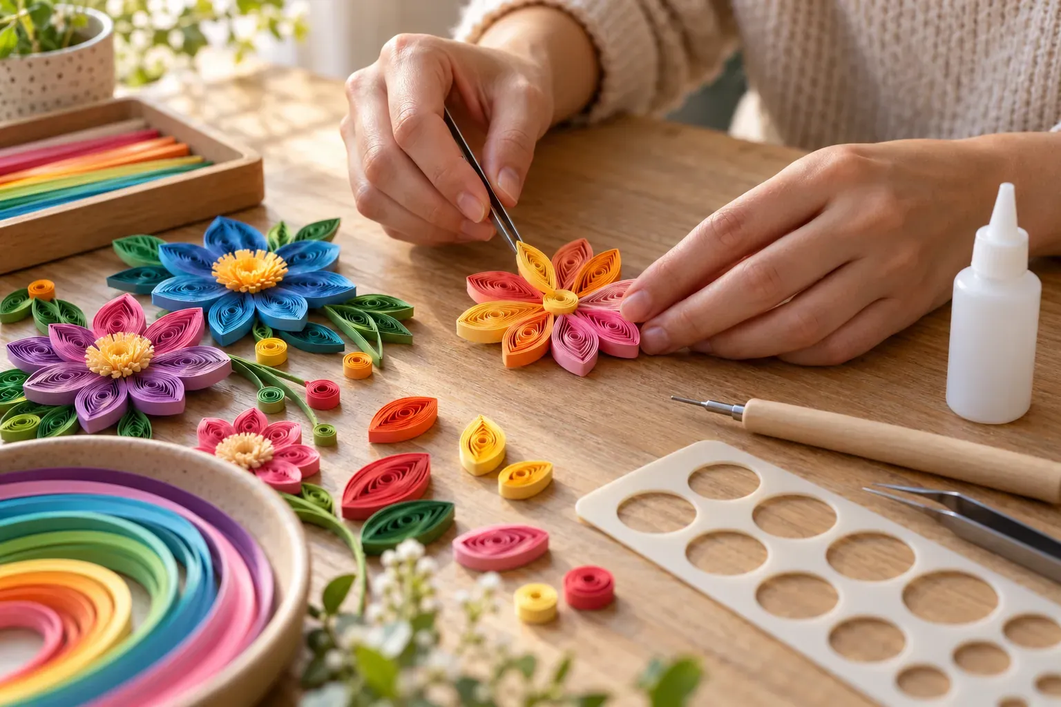 Mains assemblant des fleurs de quilling en papier coloré sur une table en bois