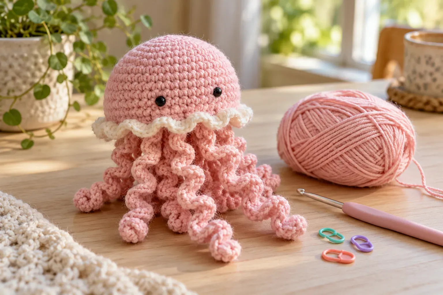 Méduse amigurumi au crochet rose avec tentacules en spirale, posée sur une table en bois