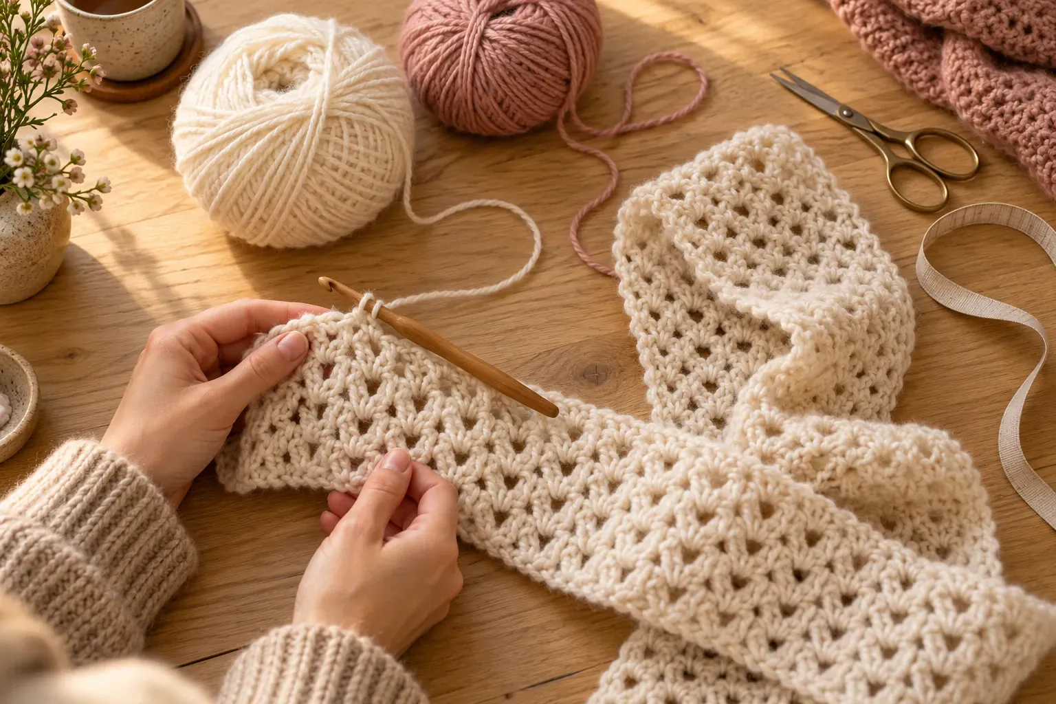 Écharpe au crochet crème en cours de réalisation, crochet en bois et pelotes de laine