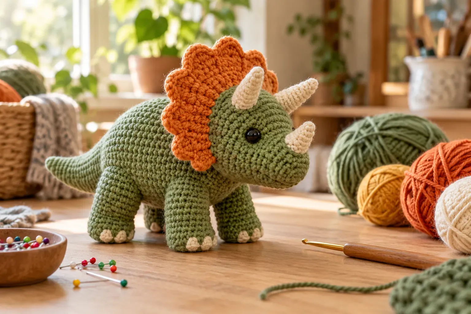 Tricératops vert en amigurumi au crochet posé sur une table en bois avec pelotes et crochet