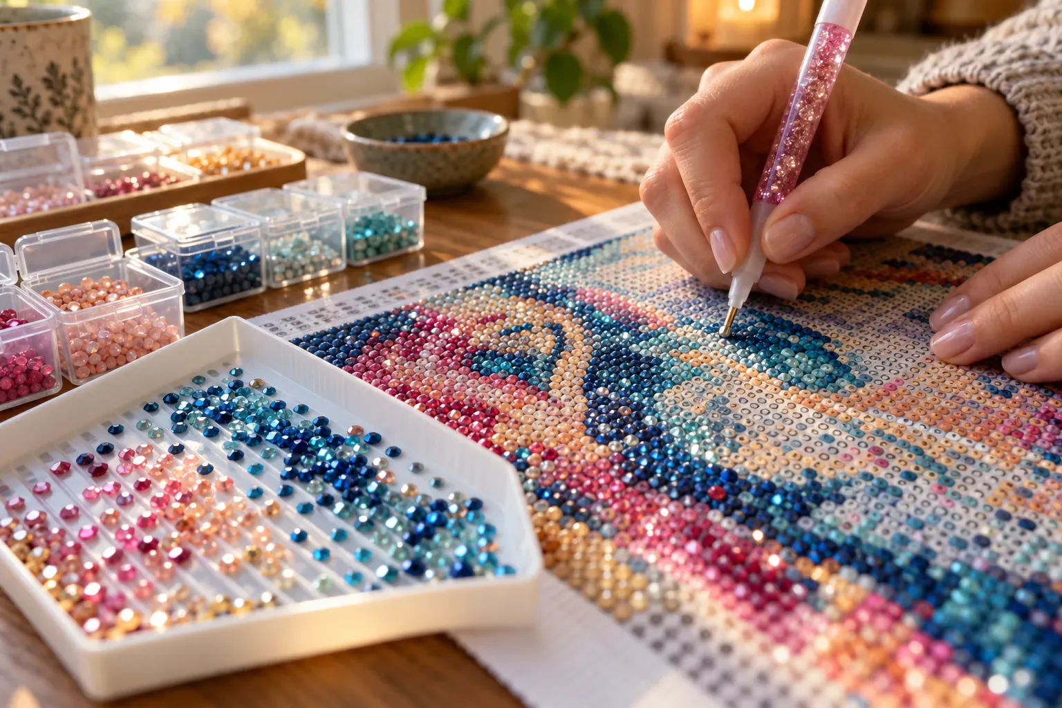 Mains posant des strass colorés avec un stylet sur une toile de diamond painting