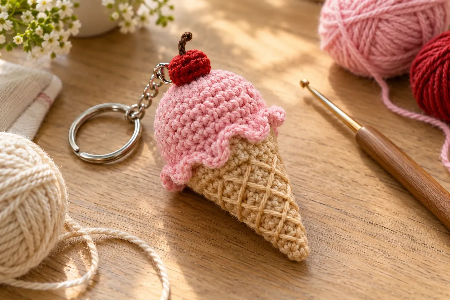 Porte-clé glace au crochet en coton, cornet beige, boule rose et petite cerise rouge